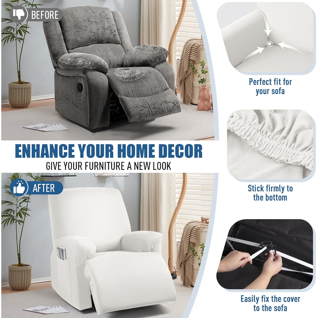 Stretch Recliner Couch Covers 3-Pieces Style Recliner Chair Covers Recliner Cover for Reclining Chair Slipcovers Feature Fitted Soft Washable (1 Seat, Milk White)