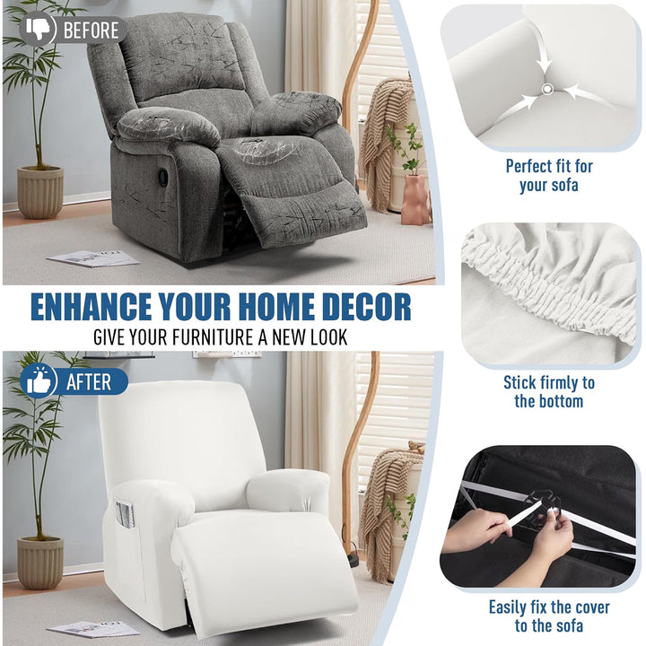 Stretch Recliner Couch Covers 3-Pieces Style Recliner Chair Covers Recliner Cover for Reclining Chair Slipcovers Feature Fitted Soft Washable (1 Seat, Milk White)