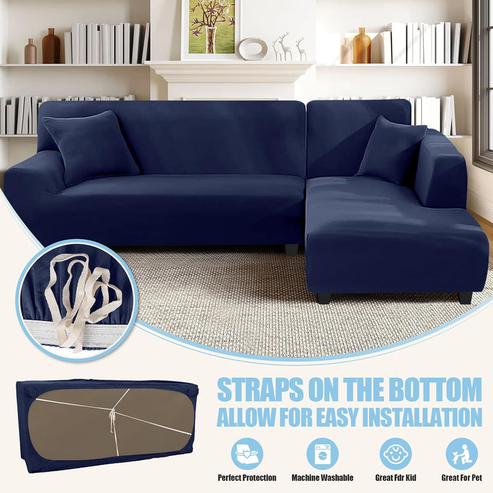 Sectional Couch Covers L Shape Sofa Covers Super Stretch 2pcs Sofa Slipcovers for 3 + 3 Seaters Sectional Chaise Slipcover with 2pcs Pillow Covers for Pets Kids, Dark Blue