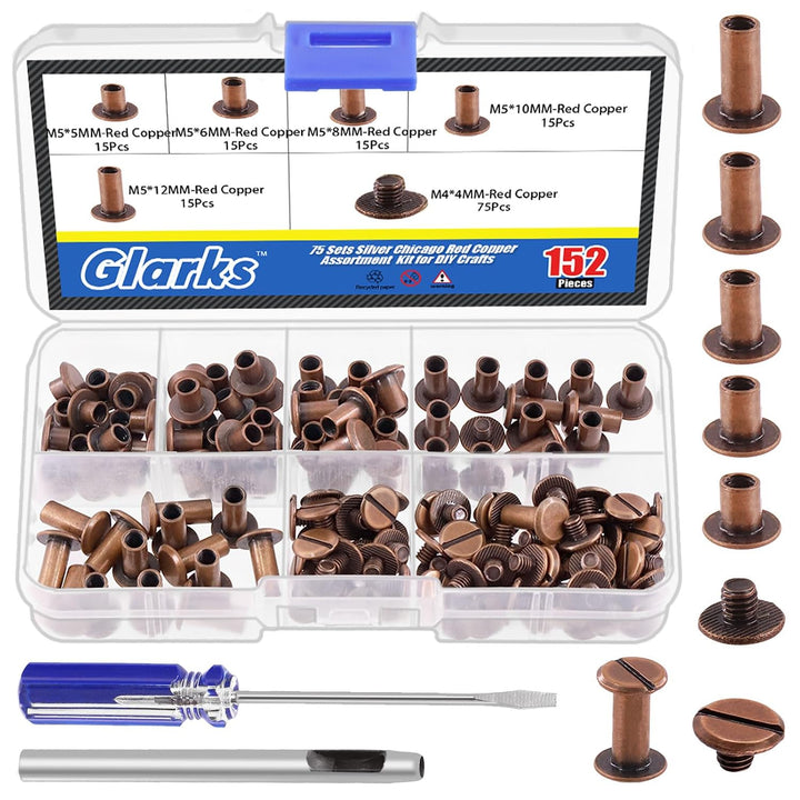 150 Sets Red Bronze Chicago Screws Assorted Kit - M5 x 5mm, 6mm, 8mm, 10mm, 12mm Rivets and 4x4mm Flat Head Stud Screw - Nail Rivet Button Screw Posts Metal Accessories (Red Bronze)