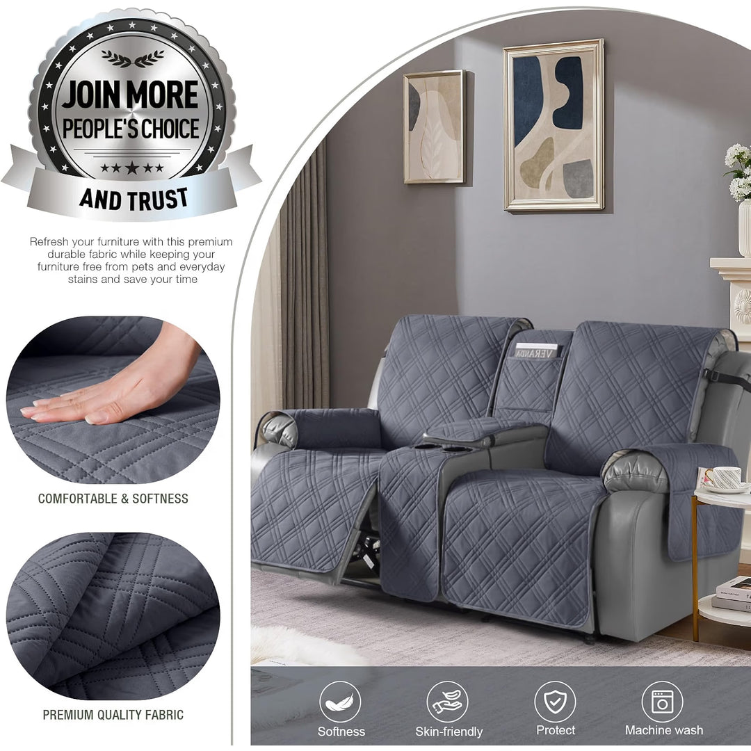 Loveseat Recliner Cover with Console, Non-Slip Pet Cover for Dual Loveseat Recliner, Split Reclining Loveseat Cover Recliner Furniture Protector with Elastic Straps (2 Seater, Dark Grey)