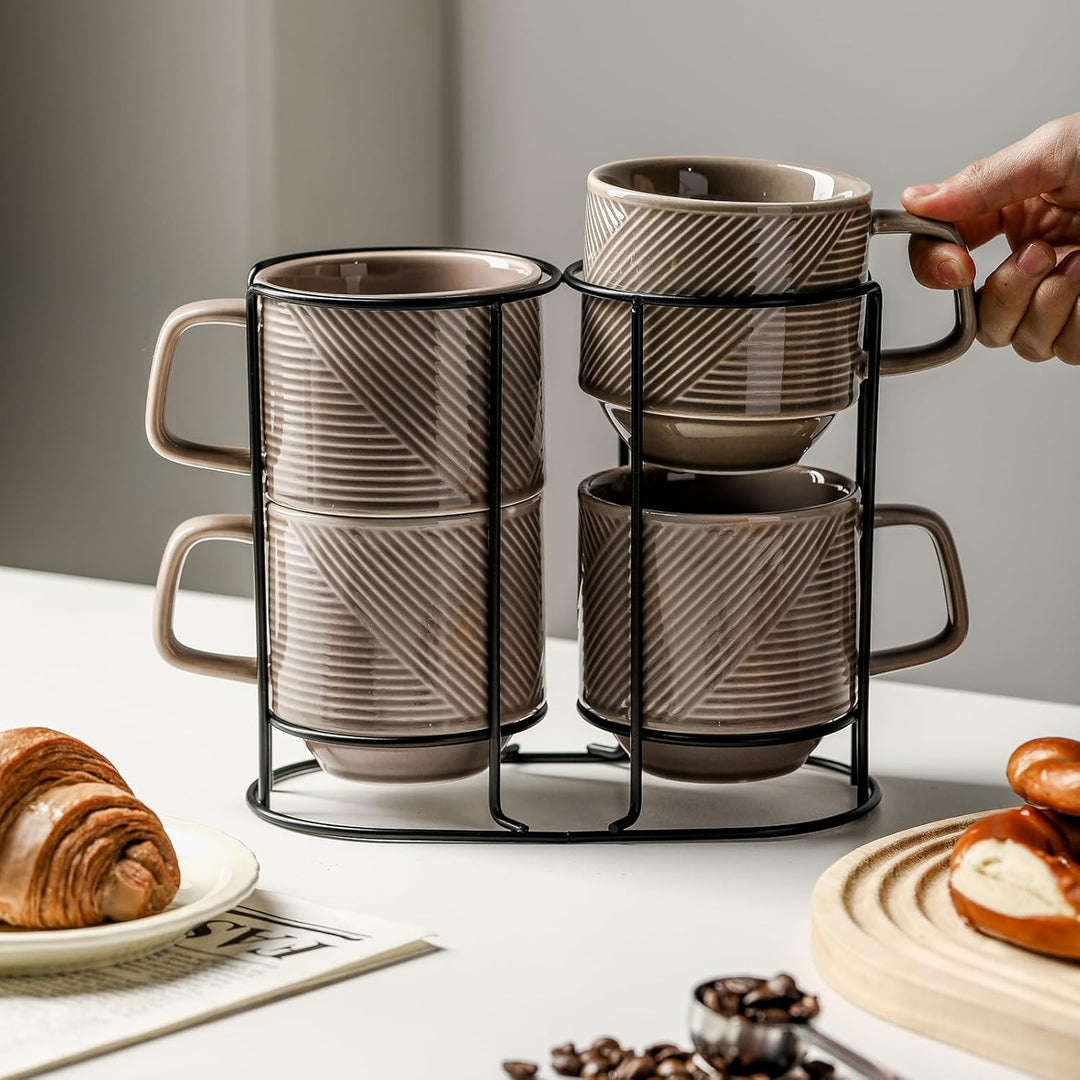 Stackable Coffee Mugs with Rack: 13 oz Stacking Ceramic Cups with Stand - Porcelain Stacked Tea Mug Set of 4 (Grey)