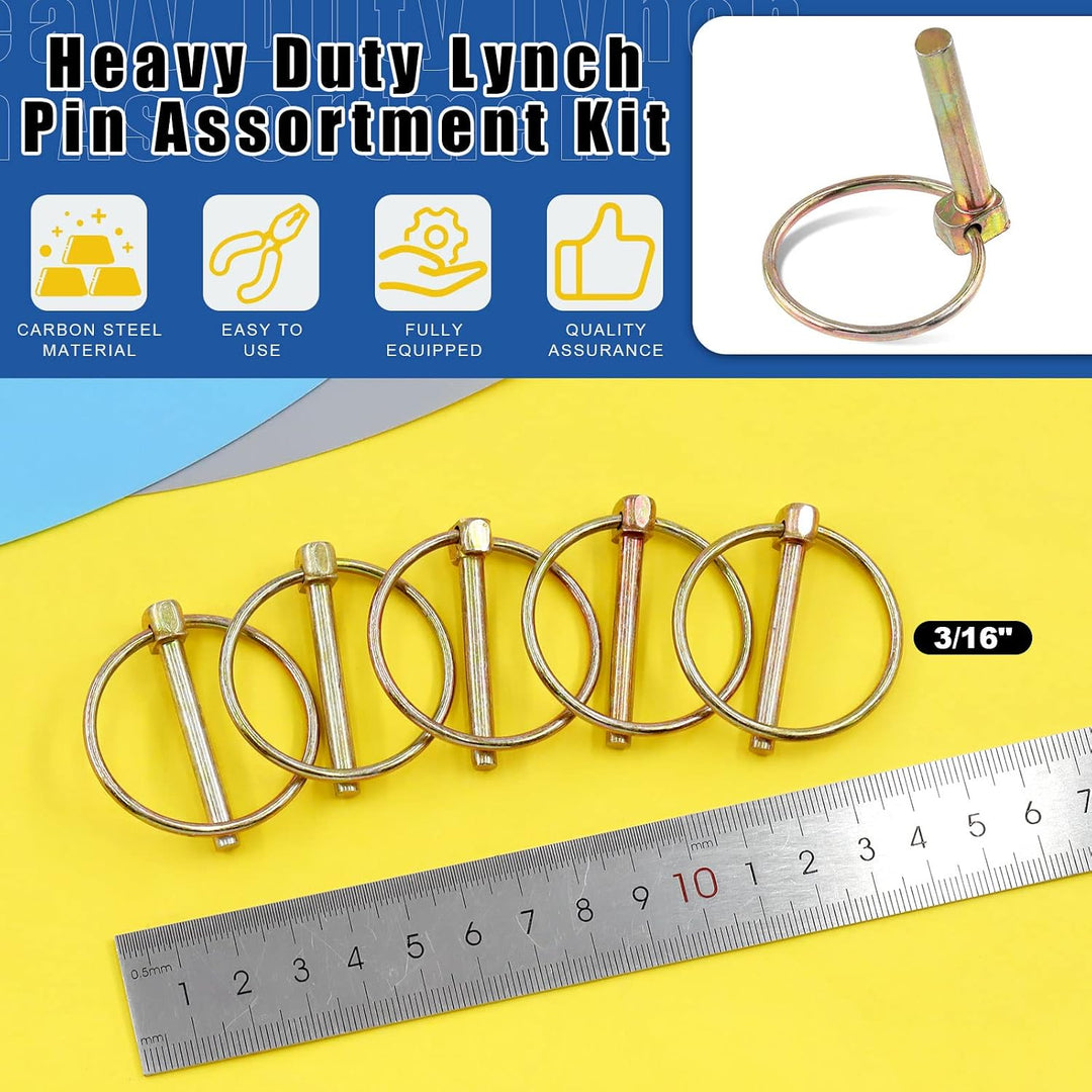 15Pcs 3/16" x 1-7/16" Lynch Pin with Lanyard Cable Set 10Pcs Lynch Pin Lock Pin Clips and 2Pcs 304 Stainless Steel Lanyard Cable with Quick Release Ring for Farm Tractors Trailers Trucks Mowers