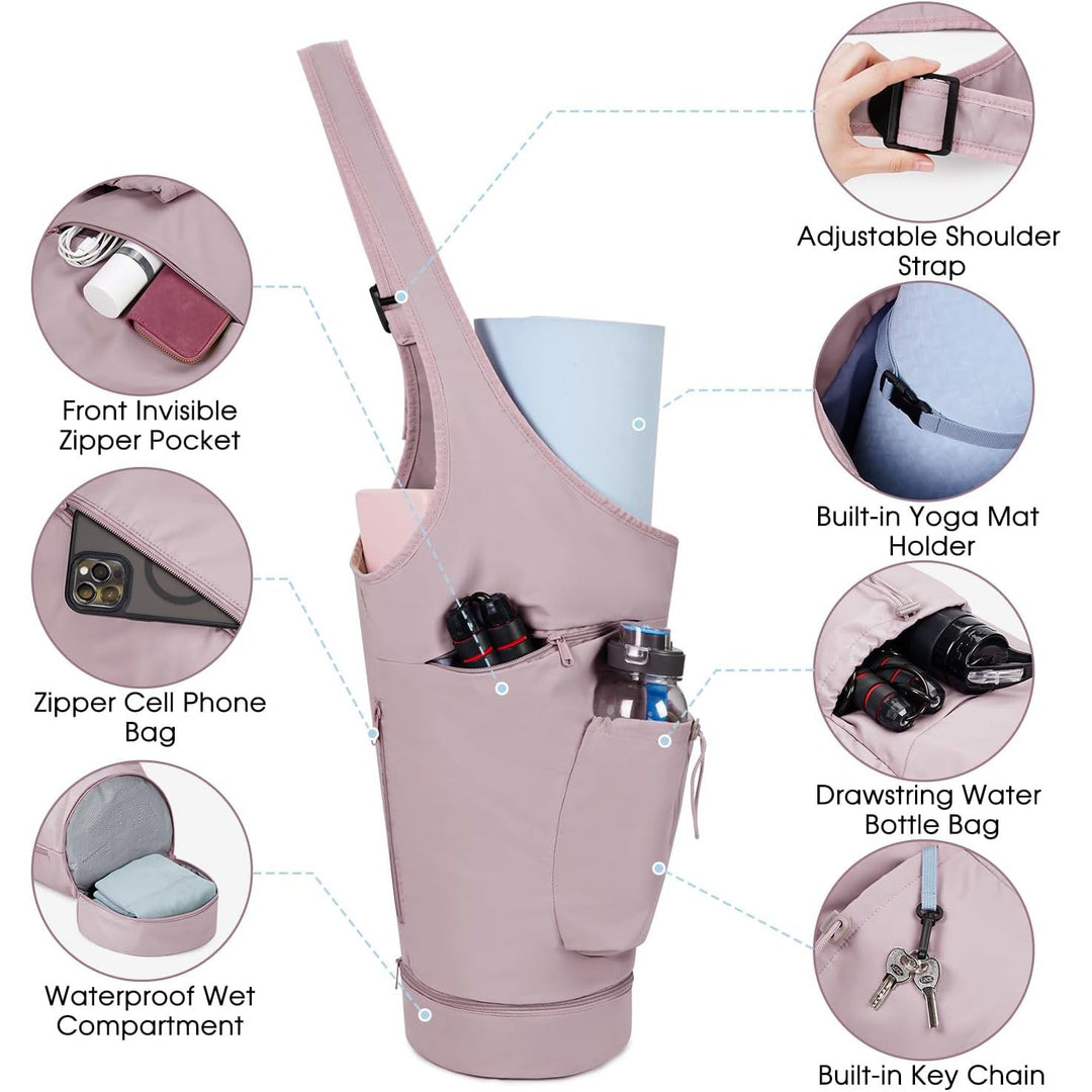 Yoga Mat Bag, Large Opening Long Tote Yoga Mat Carrier Holder Bag with Waterproof Wet Pocket and Drawstring Water Bottle Pocket, Adjustable Shoulder Strap Storage Bag, patent pending