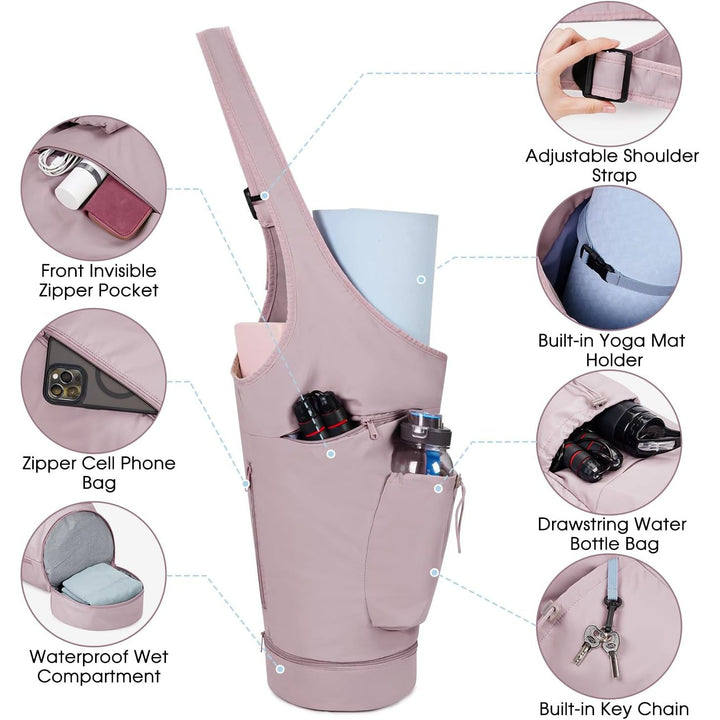 Yoga Mat Bag, Large Opening Long Tote Yoga Mat Carrier Holder Bag with Waterproof Wet Pocket and Drawstring Water Bottle Pocket, Adjustable Shoulder Strap Storage Bag, patent pending