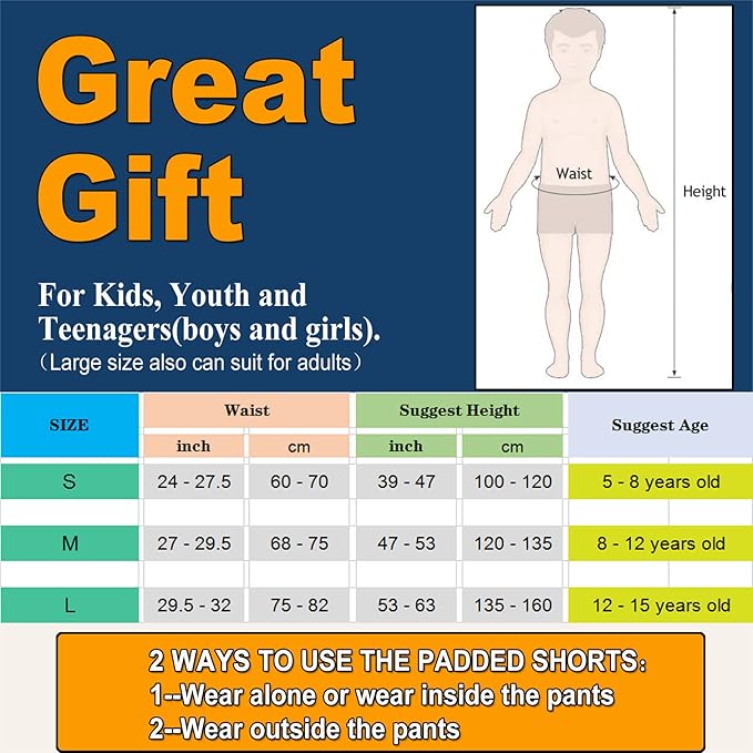 Kids Butt Pad Shorts for Skating Snowboarding Ski Hockey, Hip Tailbone Protective Padded Shorts for Youth Child, Medium