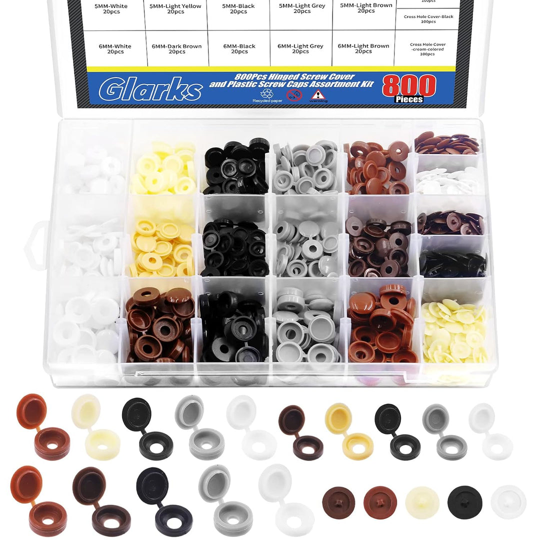 800Pcs 2 Styles 5 Colors Screw Cap Covers Assortment Kit, 300Pcs 4mm 5mm 6mm Hinged Screw Cover Caps Fold Screw Snap Covers Washer Flip Tops and 500Pcs Phillips Screws Head Hole Cap Covers Set