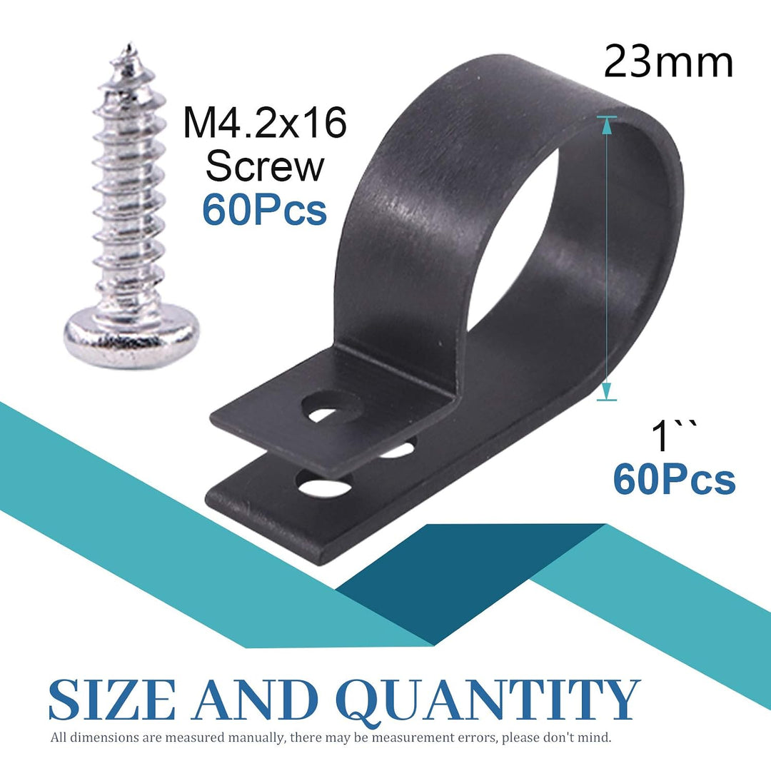 60Pcs 1 Inch Black Nylon Screw Mounting R-Type Cable Clip Wire Clamp with 60Pcs Screws for Wire, Cable, Conduit and Cable Conduit Kit (Black)