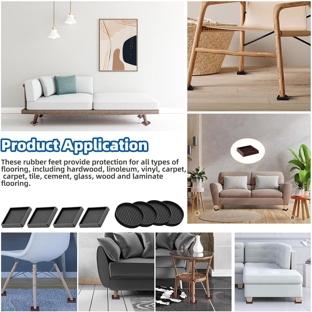 Black 8Pcs 3 x 3in Round and Square Shape Non Slip Furniture Pads Rubber Anti Skid Caster Cups, Leg Coasters Couch, Chair, Feet, and Bed Stoppers Anti-Sliding Floor Protectors for Furniture