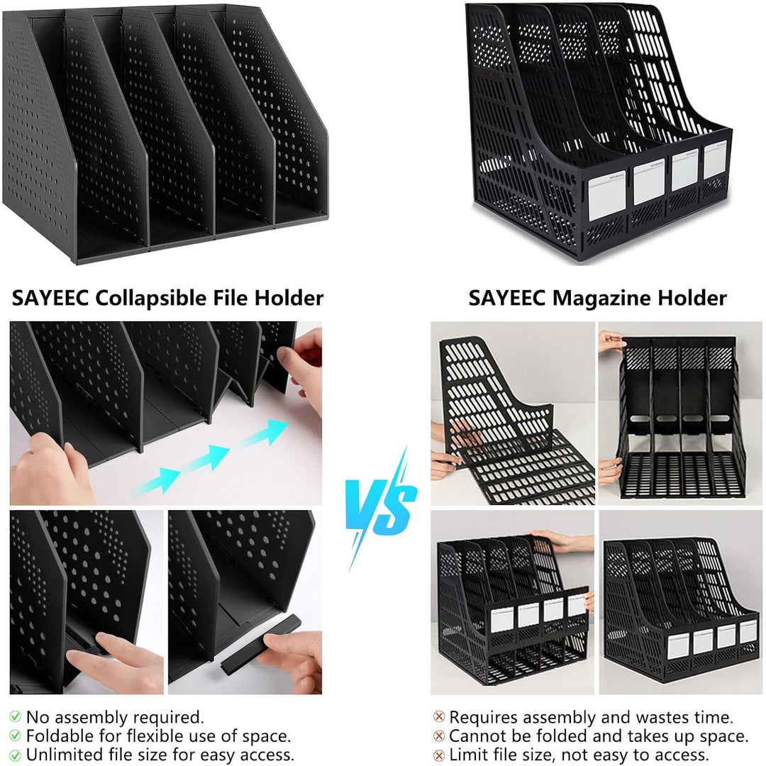 Collapsible Magazine Holder Plastic Desktop Vertical 4 Compartment File Magazine Organizer Holder File Divider Sorter Stand Office Document Organizer Storage Box Bins Home School Black