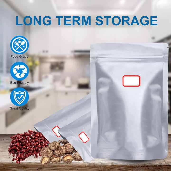 100 Pcs 1 Qt Mylar Resealable Bags for Food Storage, With 100 Pcs 200cc Oxygen Absorbers & 120 Labels, Aluminum Foil Long Term Fresh Bags for Kitchen Packaging, Ziplock Sealable Bags, 1 Quart Smell Proof Bags, Stand Up Bags, 8 mils