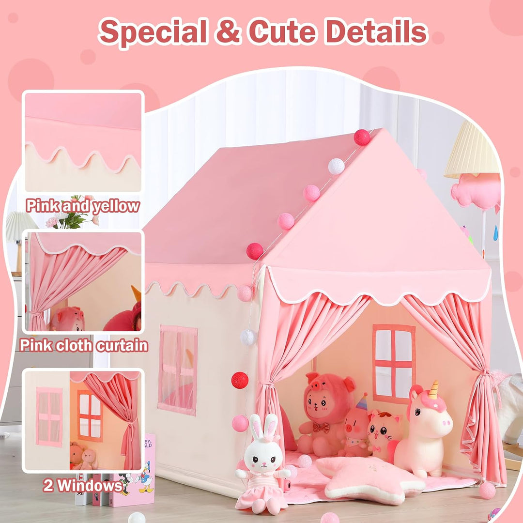 Wilwolfer Kid Tent with Mat, Star Lights - Kids Play Tents for Toddlers Kids Tents Indoor Playhouse - Princess Tent for Girls Toy House Gift - Pink Play Tent - NO Flowers & Moon Decor