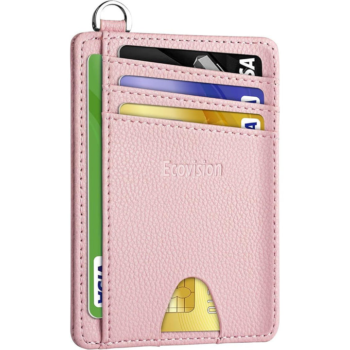 Slim Minimalist Front Pocket Wallet, RFID Blocking Credit Card Holder Wallet with Detachable D-Shackle for Men Women, Pink