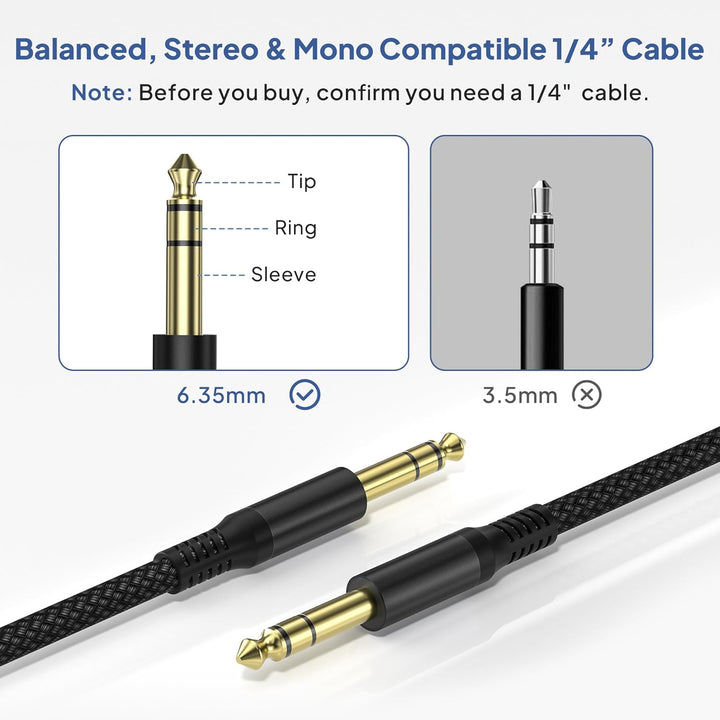 1/4 Inch TRS Instrument Cable 10ft 2-Pack,Straight 6.35mm Male Jack Stereo Audio Interconnect Cord,6.35 Balanced Line Compatible for Electric Guitar,Bass,Keyboard,Mixer,Amplifier,Amp