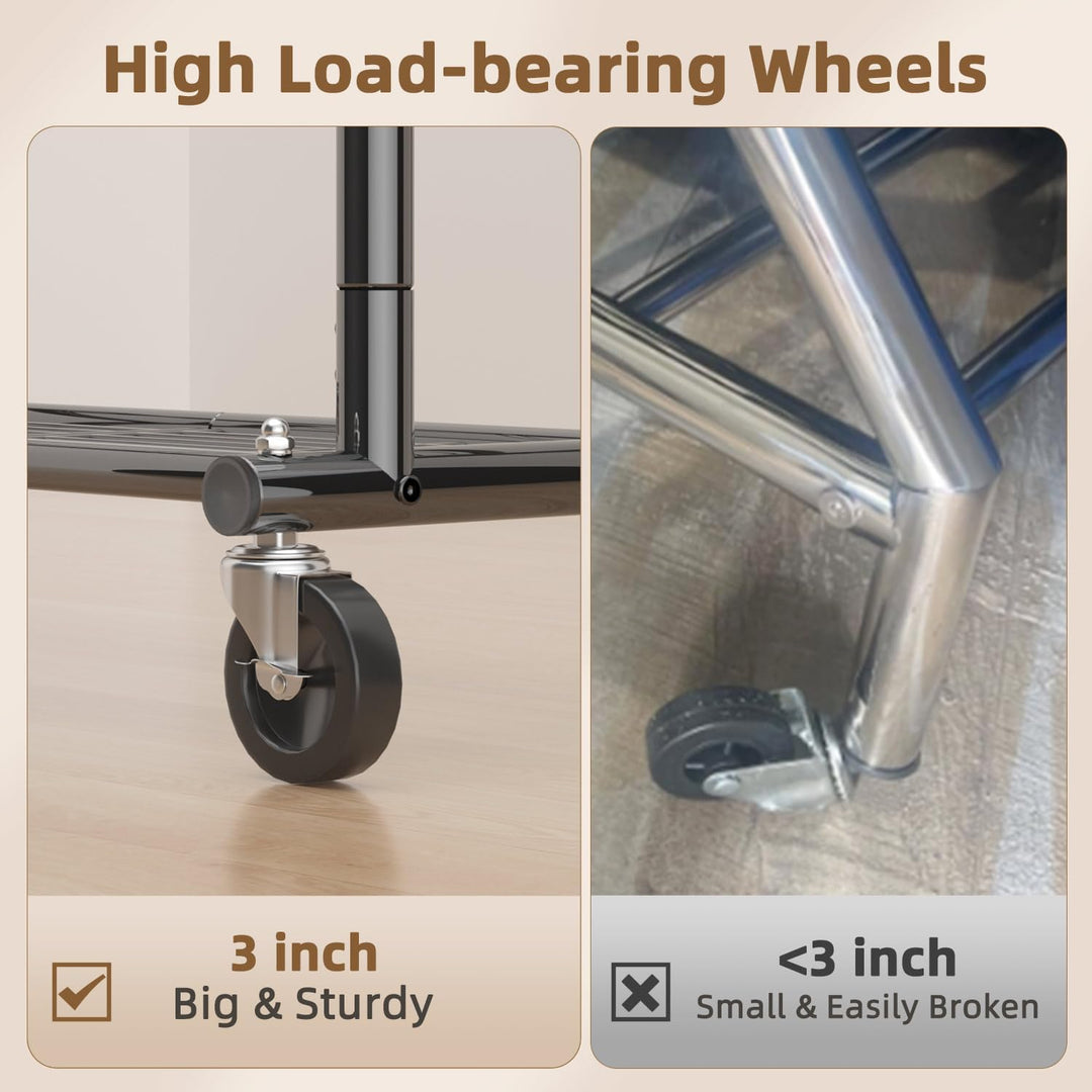 Heavy Duty Clothes Rack Load 556 LBS, Rolling Clothing Rack With Shelves, Height Adjustable Metal Clothes Hanger with Wheels Portable Wardrobe Organizer Garment Rod for Hanging Clothes (Black)