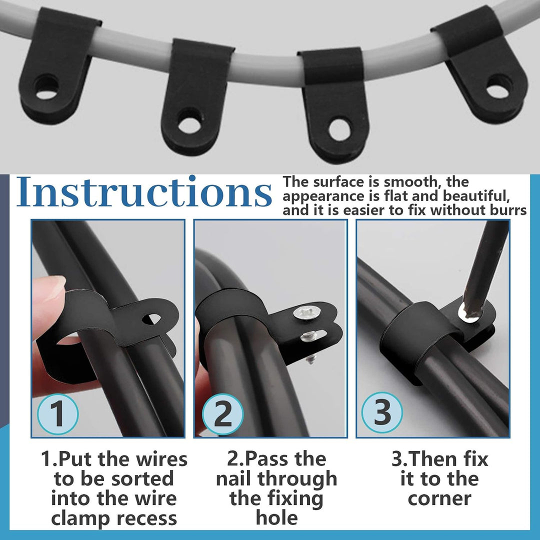 120Pcs 1/2 Inch Black Nylon Screw Mounting R-Type Cable Clip Wire Clamp with 120Pcs Screws for Wire, Cable, Conduit and Cable Conduit Kit (Black)