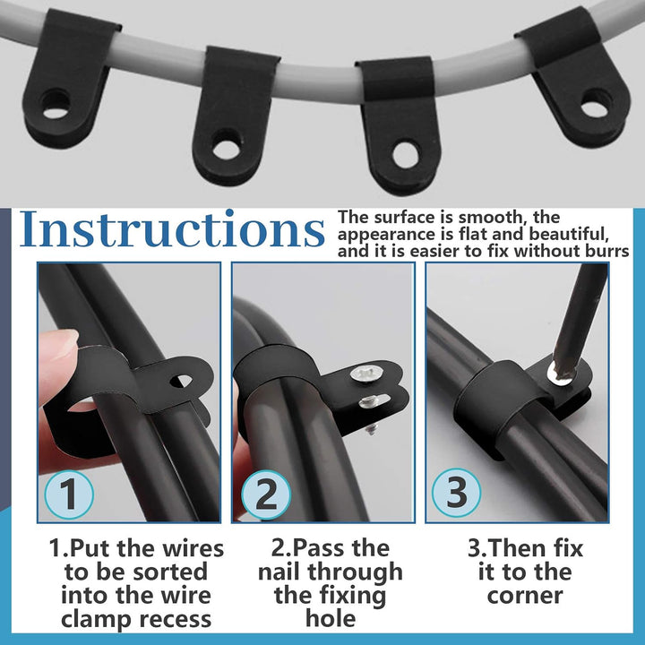 120Pcs 1/2 Inch Black Nylon Screw Mounting R-Type Cable Clip Wire Clamp with 120Pcs Screws for Wire, Cable, Conduit and Cable Conduit Kit (Black)