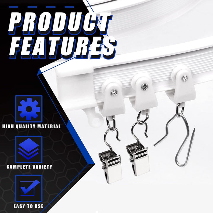 155Pcs 5M/16.4ft White Bendable Curved Ceiling Curtain Track Set, Includes 40Pcs 3.5CM Curtain Hooks, 40Pcs Curtain Clips for U Shape L Shape Shower Curtains Bay Window Room Divider