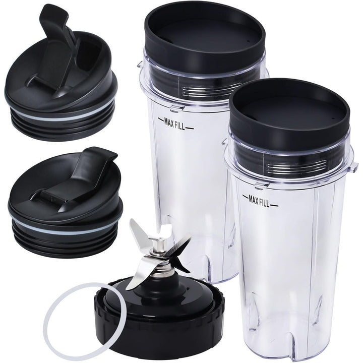 Replacement Parts Compatible with Nutri Ninja, Blender Blade 6 Fins and 2 Pcs 16oz Single Serve Blender Cup Set Compatible with Ninja BL660 BL740 BL780 BL771 BL772 BL773CO