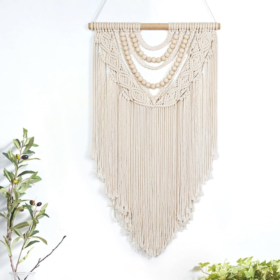 Small Macrame Wall Hanging Boho Handmade Woven Tapestry Bohemian Wall Art Decor with Chic Wooden Beads Home Decor for Bedroom Living Room Apartment Dorm Gallery Wedding 16.5"x28"