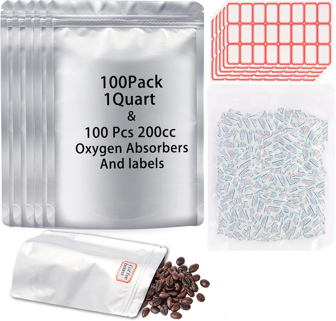 100 Pcs 1 Qt Mylar Resealable Bags for Food Storage, With 100 Pcs 200cc Oxygen Absorbers & 120 Labels, Aluminum Foil Long Term Fresh Bags for Kitchen Packaging, Ziplock Sealable Bags, 1 Quart Smell Proof Bags, Stand Up Bags, 8 mils