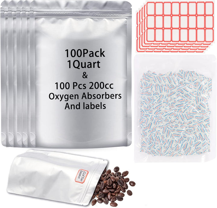 100 Pcs 1 Qt Mylar Resealable Bags for Food Storage, With 100 Pcs 200cc Oxygen Absorbers & 120 Labels, Aluminum Foil Long Term Fresh Bags for Kitchen Packaging, Ziplock Sealable Bags, 1 Quart Smell Proof Bags, Stand Up Bags, 8 mils