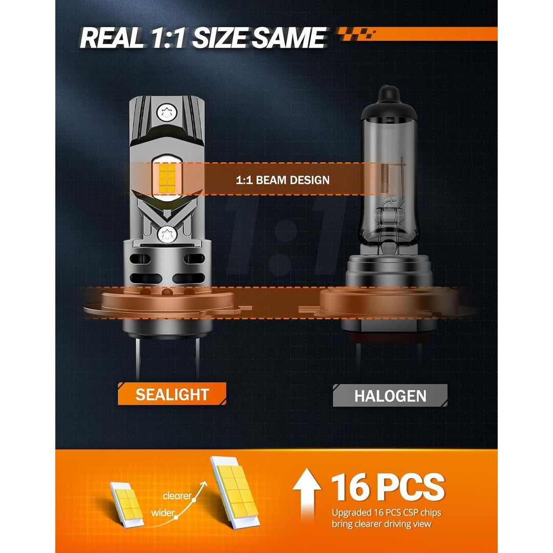 H7 LED Headlight Bulbs, 32000 Lumens 800% Brighter 6500K Cool White Led Bulbs, All-in-One Mini Size H7 Lights with Fan, Plug and Play, Halogen Replacement, Pack of 2