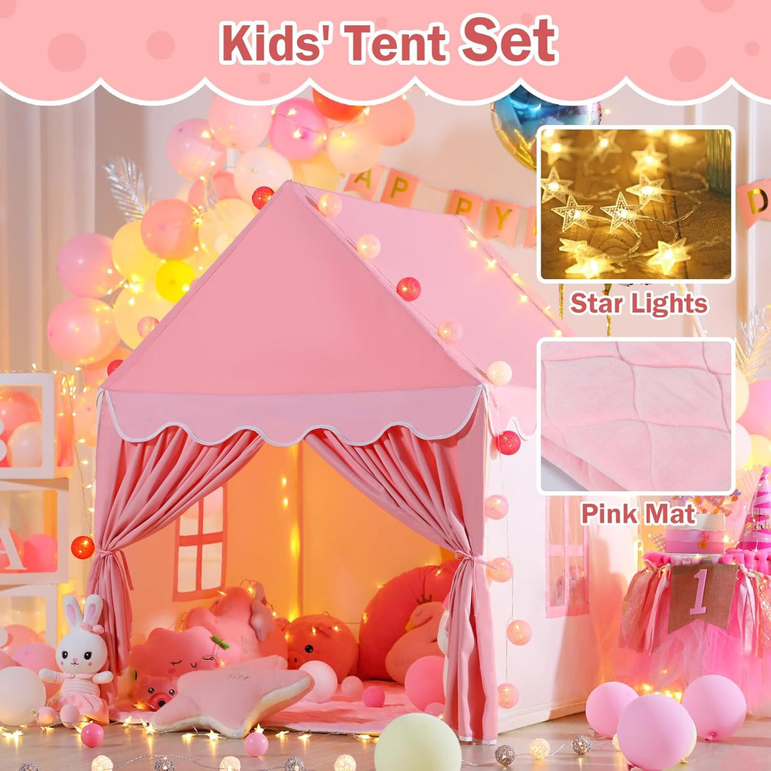 Wilwolfer Kid Tent with Mat, Star Lights - Kids Play Tents for Toddlers Kids Tents Indoor Playhouse - Princess Tent for Girls Toy House Gift - Pink Play Tent - NO Flowers & Moon Decor