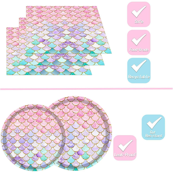 144PCS Mermaid Party Tableware Set Mermaid Birthday Party Supplies Sea-Maiden Plates Napkins Cups Forks Sea-Maiden Party Decorations Birthday Bridal Shower Baby Shower Decoration Serves 24