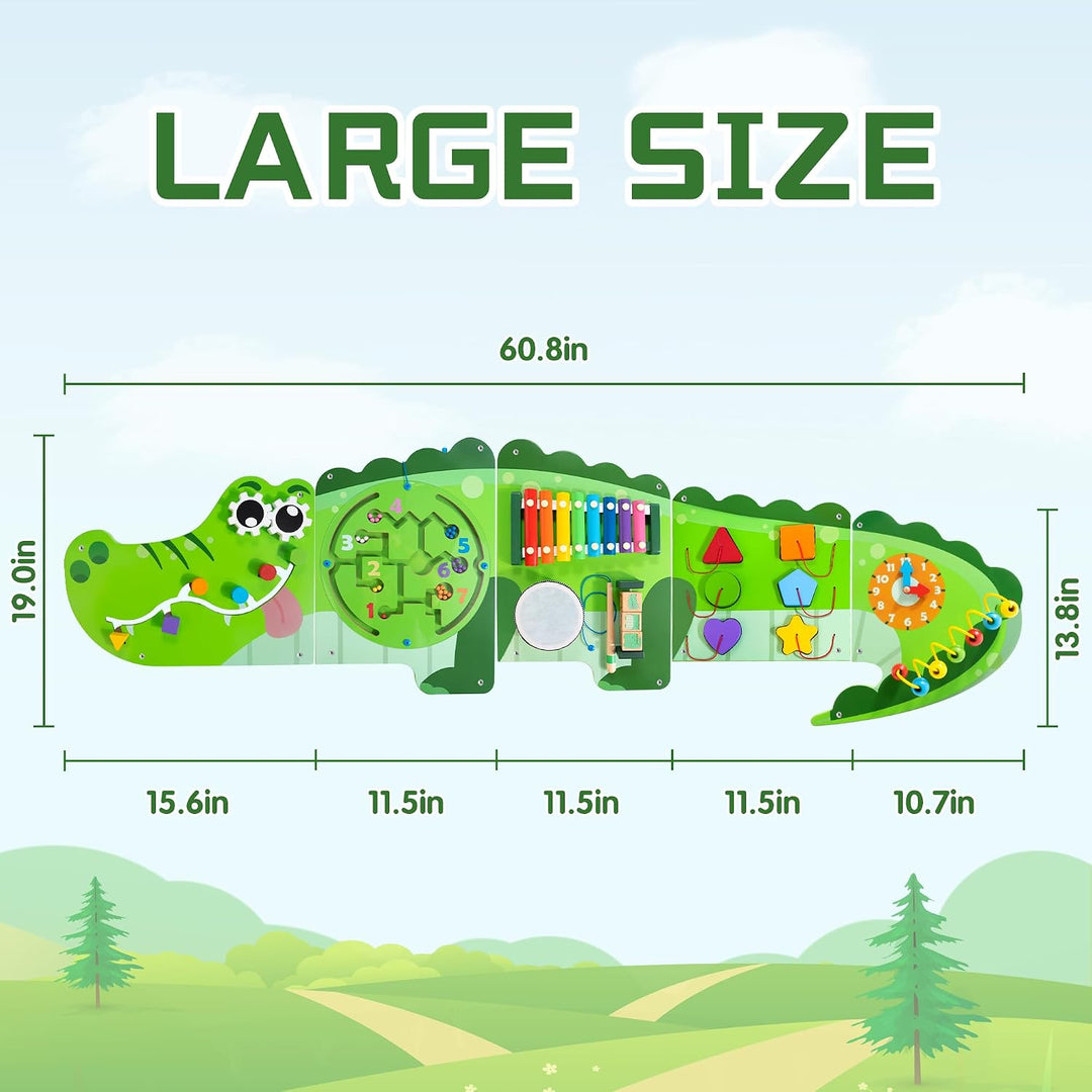 Crocodile Activity Wall Panels, 9-in-1 Wall-Mounted Crocodile Busy Board Wooden Montessori Activity Wall Panels Educational Sensory Board Playroom Wall Toys Daycare Learning Toy for Girls Boys