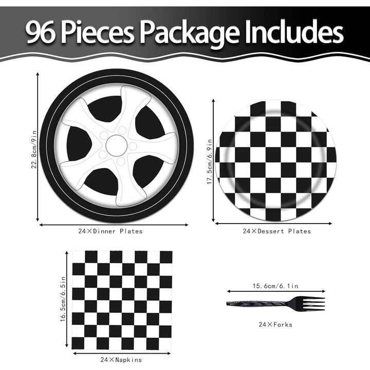 96PCS Racing Car Plates and Napkins Birthday Party Tableware Set Boys Kids Race Car Birthday Decorations Checkered Racing Birthday Party Supplies Plates Napkins Forks Serve 24
