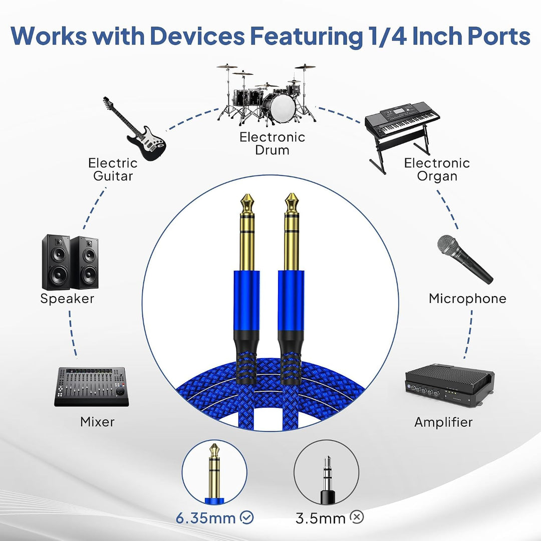 1/4 Inch TRS Instrument Cable 20ft 2-Pack,Straight 6.35mm Male Jack Stereo Audio Interconnect Cord,6.35 Balanced Line Compatible for Electric Guitar,Bass,Keyboard,Amplifier,Amp,Speaker