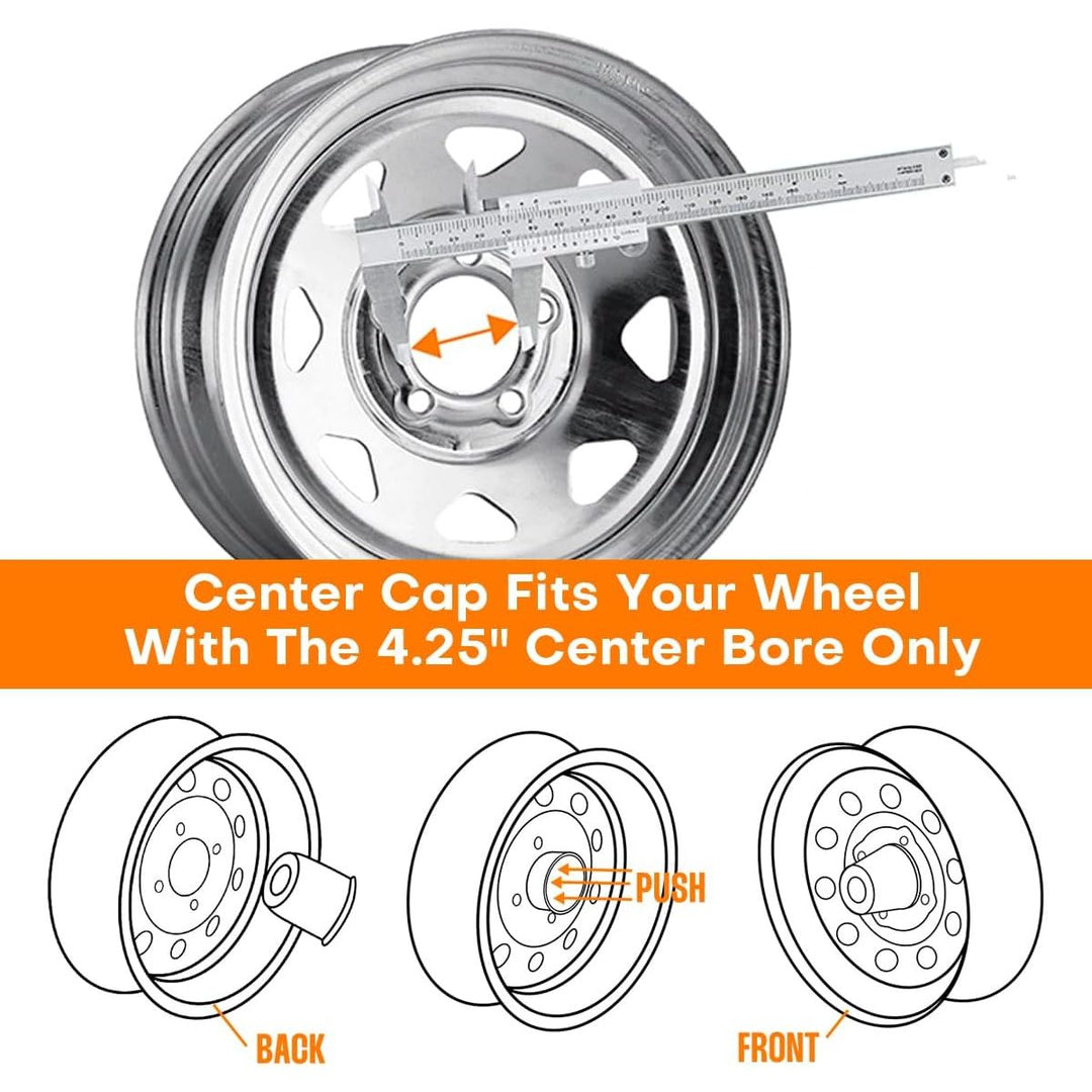 4pcs Push Through Wheel Center Caps Chrome Silver for 108MM 4.25" Center Bore Auto Trailer Wheel Rim