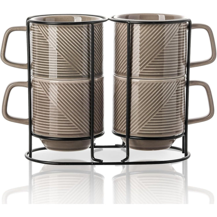 Stackable Coffee Mugs with Rack: 13 oz Stacking Ceramic Cups with Stand - Porcelain Stacked Tea Mug Set of 4 (Grey)