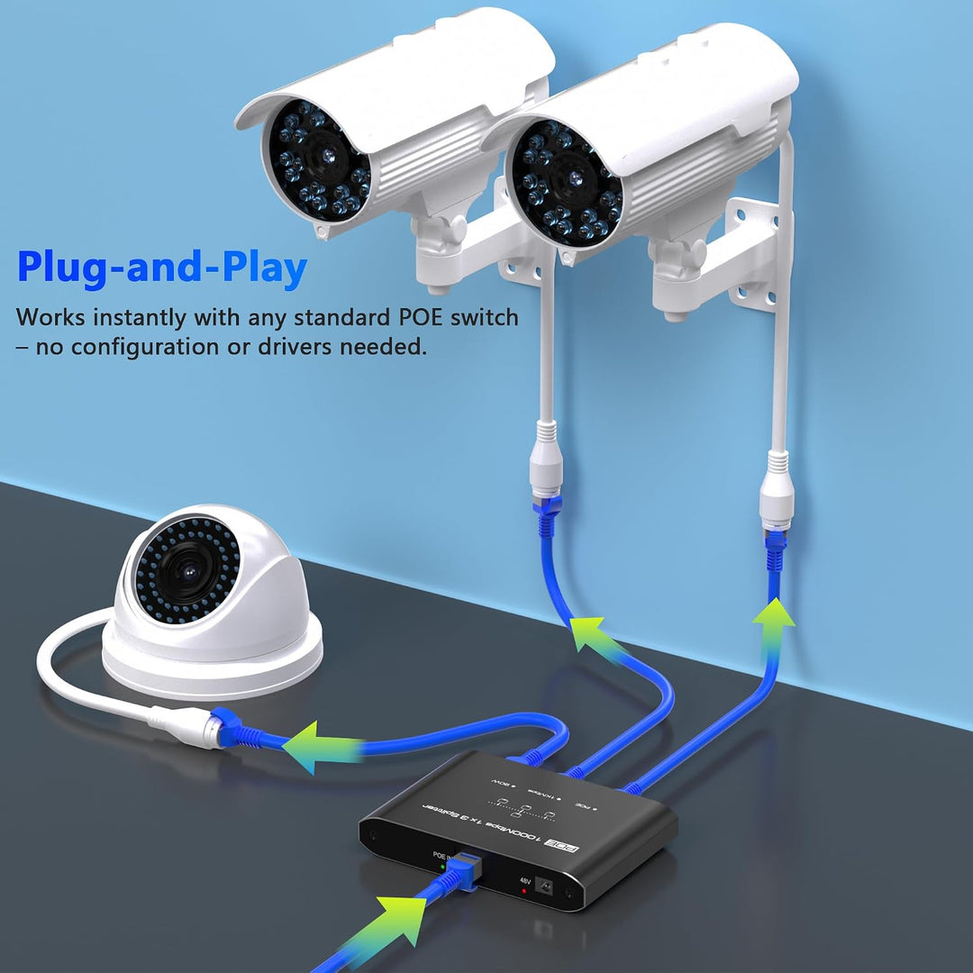 PoE Switch 1 in 3 Out, Gigabit 3 Port PoE Splitter, IEEE 802.3at/af Compliant, 30W per Port Power Over Ethernet Hub for IP Cameras/Access Points/VoIP Phones (328 Ft), Network Hub for Cat5e/6/7/8 Cable
