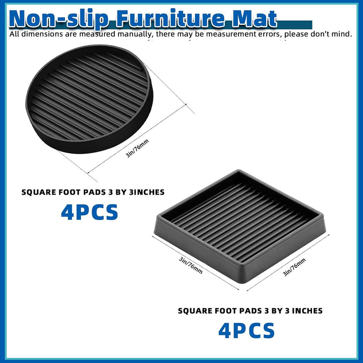 Black 8Pcs 3 x 3in Round and Square Shape Non Slip Furniture Pads Rubber Anti Skid Caster Cups, Leg Coasters Couch, Chair, Feet, and Bed Stoppers Anti-Sliding Floor Protectors for Furniture