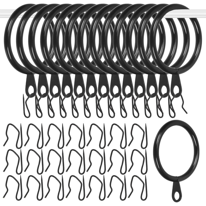 30 Sets 42mm/1.7inch Black Metal Drapery Curtain Hanging Rings Set, Includes 30pcs Curtain Rings and 30pcs Drapery Pin Hooks, Drape Sliding Eyelet Rings for Sliding Window Bathroom Door