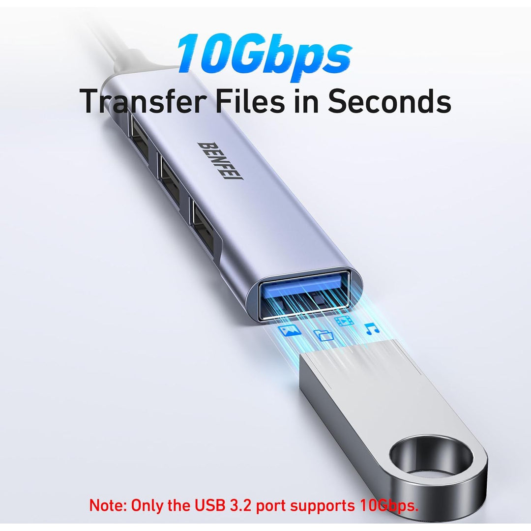 4-Port USB Hub: 1x 10Gbps USB 3.2 + 3X USB 2.0- for Mouse, Keyboard, Flash Drive, Printer - Compatible with Laptop, PC, Xbox, PS5
