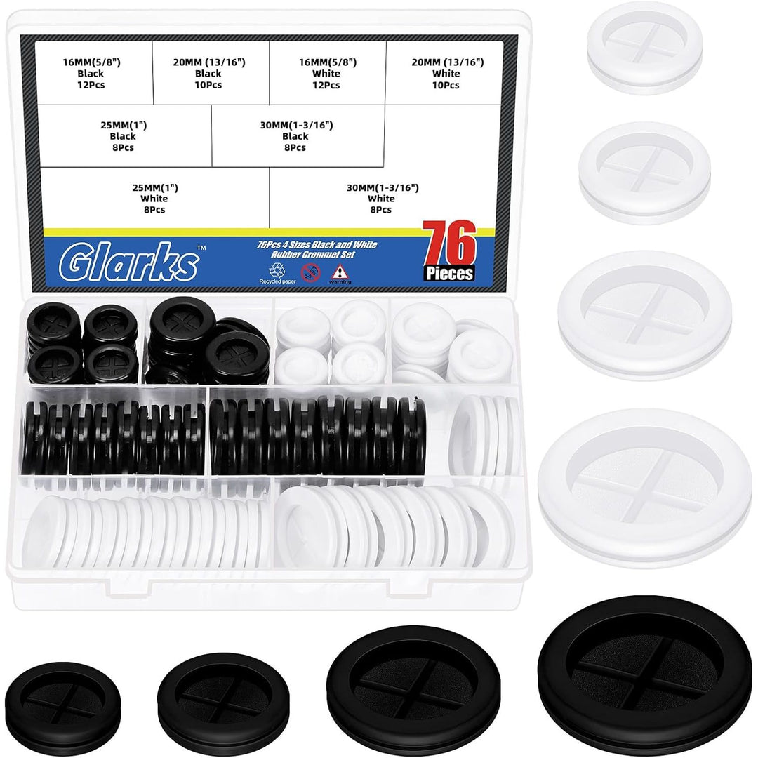 76pcs 5/8"(16mm) 13/16"(20mm) 1"(25mm) 1-3/16"(30mm) Black and White Rubber Grommet Set, Double Sided Round Rubber Hole Plugs Closed Firewall Hole Plug Rubber Gasket for Wire Protection