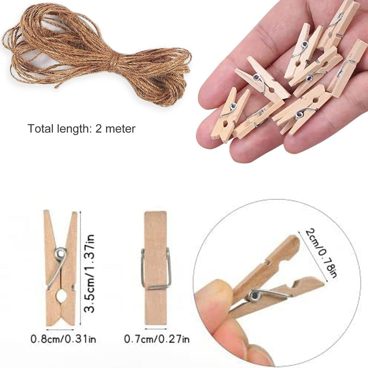 50Pcs Mini Clothespins, Natural Wooden Photo Clips, Small Wooden Clothes Pins Clip and 2 Meters Jute Twines, Tiny Wood Clamp with Spring for Peg Paper, Photo Wall, Postcard, Hanging Arts Crafts Decor