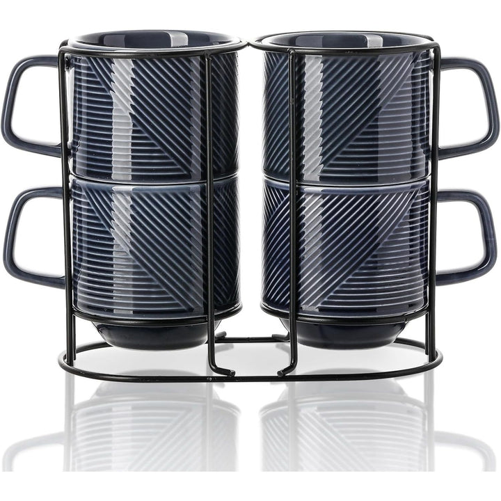 Stackable Coffee Mugs with Rack: 13 oz Stacking Ceramic Cups with Stand - Porcelain Stacked Tea Mug Set of 4 (Navy)