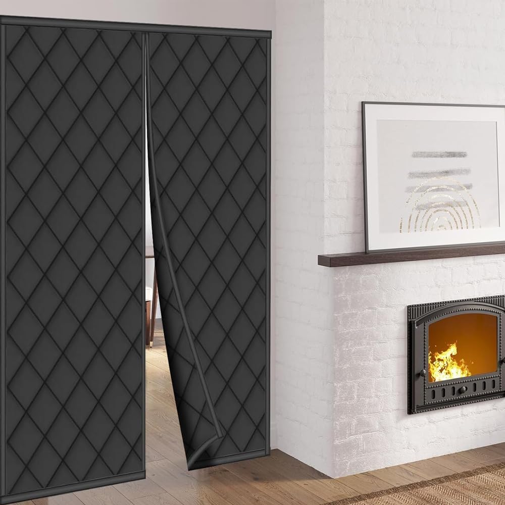 72"X 80"Magnetic Thermal Insulated Door Curtain Winter Door Curtain Insulated Curtains For Thermal Upgraded Oxford Cloth Filled Thicken Cotton Winter Cover To Basement Laundry Room(Black + Clear) - Just Closeouts Canada Inc.X004GVH56H