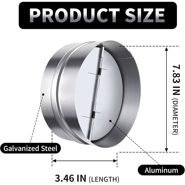 8 Inch Backdraft Damper Back Draft Vent Duct Shutter Blocker, Backflow Ducting Insert One - Way Airflow Preventer with Inline Springs Loaded Folding Blades, HVAC Extractor Range Fan Hood Deflector - Just Closeouts Canada Inc.