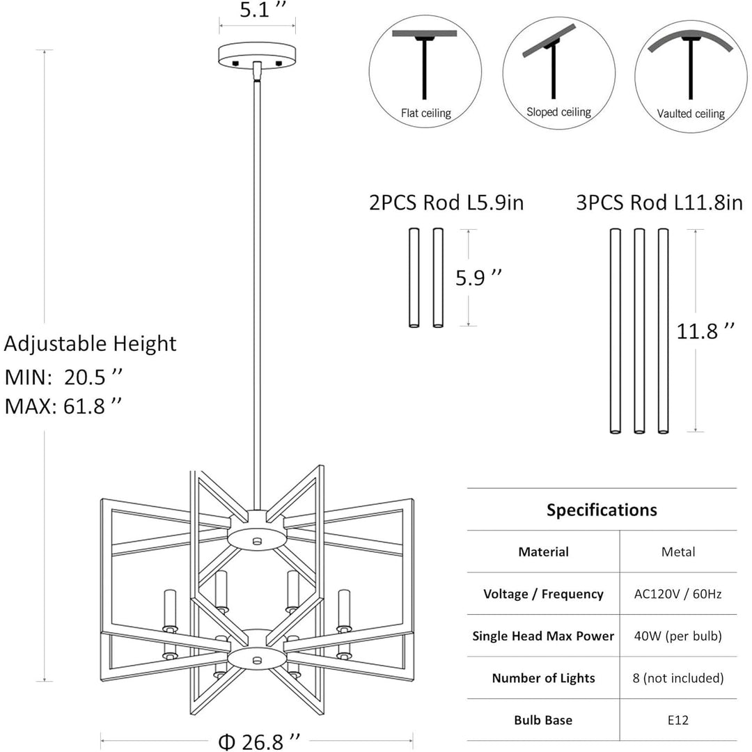 8 - Light Modern Farmhouse Black Geometric Chandelier, Adjustable Height Dining Room Light Fixtures Over Table, Large Industrial Metal Chandeliers for Dining Room Kitchen Island Entryway - Just Closeouts Canada Inc.X004A3JRDF