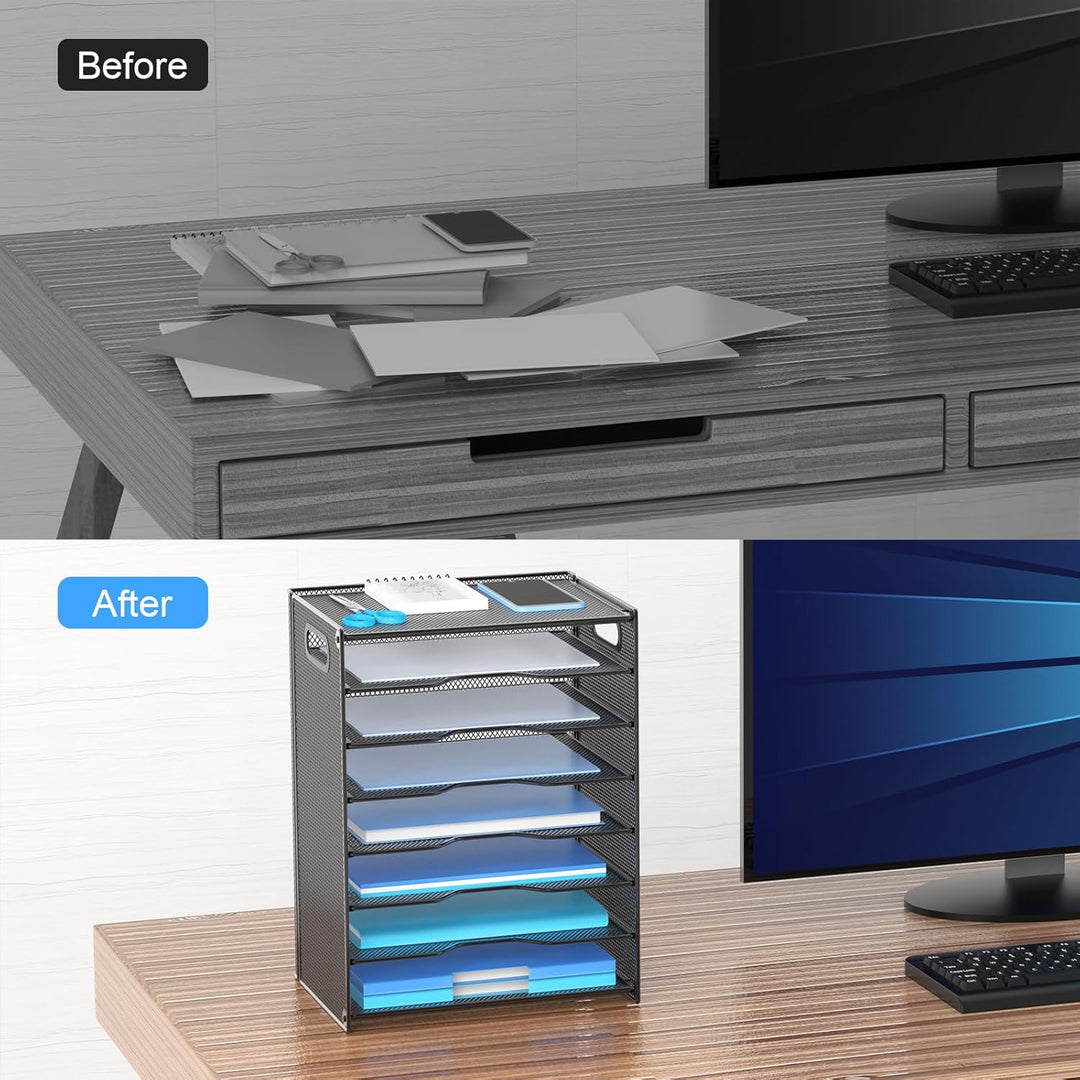 8 - Tier Paper Organizer Letter Tray with Handle, Out Wolf Mesh Desk File Document Organizer with 8 Tier Shelves and Sorter, Black - Just Closeouts Canada Inc.