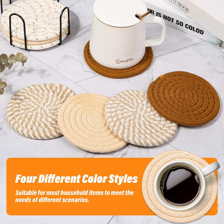 8 Woven Round Drink Coasters in 4 Neutral Colours with Holder - Just Closeouts Canada Inc.X004A9L5QL