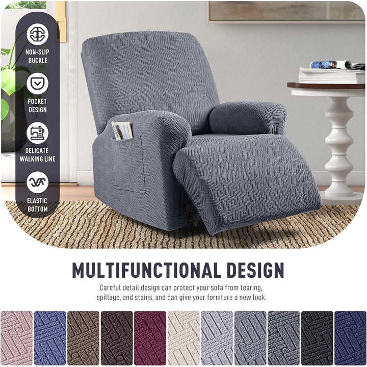 Recliner Chair Covers, Stretch Reclining Cover, Dark Gray 1 Seat Jacquard Soft Recliner Slipcovers, Washable Recliner Couch Covers, Furniture Protector Covers with Pocket for Pet Kid
