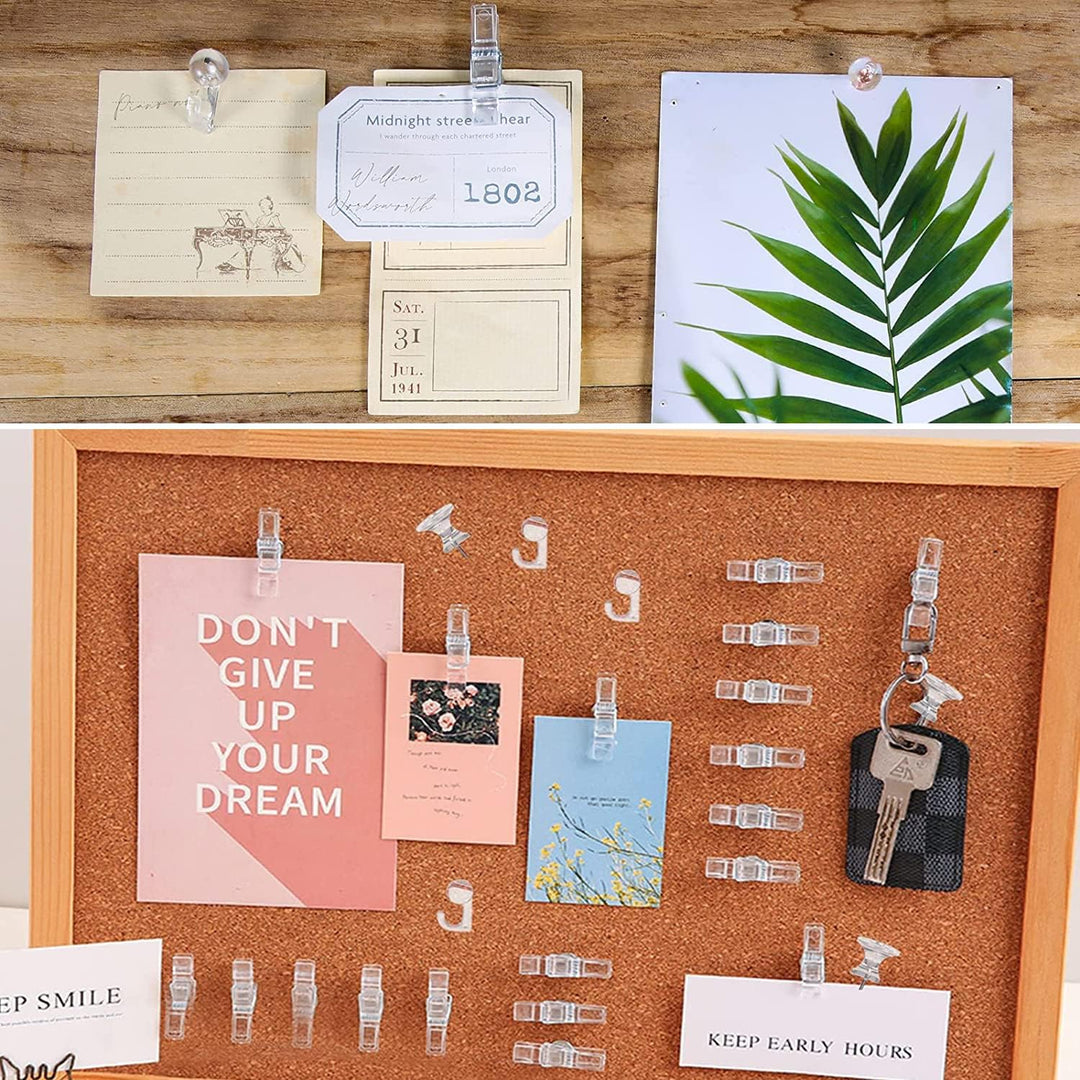 200pcs Push Pins Set, 5 Styles Clear Pushpin Clips with Stainless Steel Tips Heavy Duty Hooked Thumb Tacks, Decorative Plastic Heads Point Hook for Cork Board Foam Bulletin Board Artworks