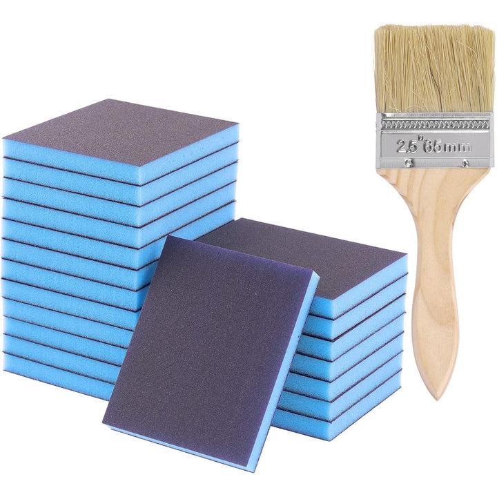 21Pcs 180 Grit Sanding Sponge Kit Include 20Pcs 120 x 100 x 12mm Reusable and Washable Sanding Blocks with 1Pc Paint Brush for Wood, Metal, Paint and Drywall