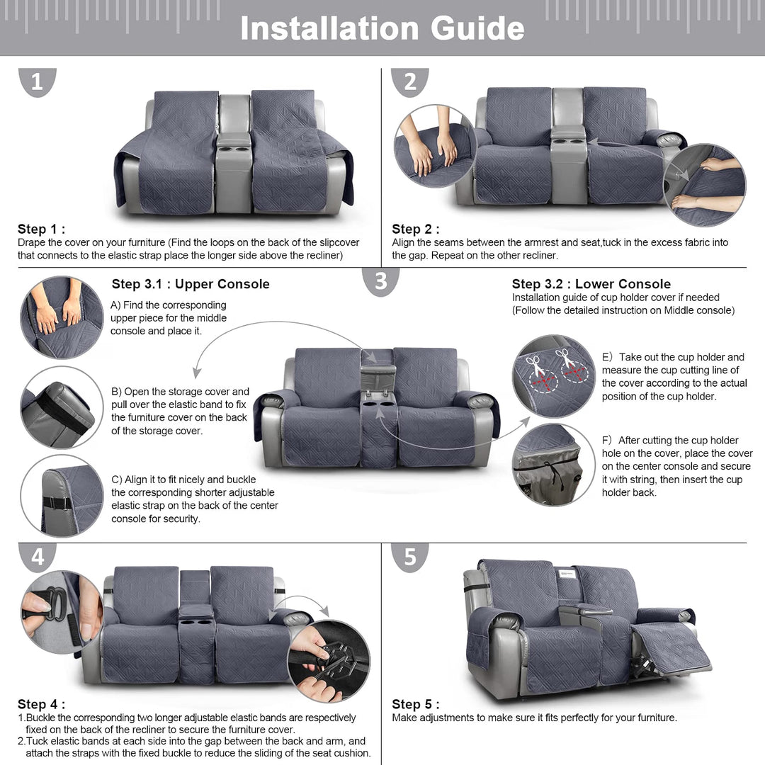 Loveseat Recliner Cover with Console, Non-Slip Pet Cover for Dual Loveseat Recliner, Split Reclining Loveseat Cover Recliner Furniture Protector with Elastic Straps (2 Seater, Dark Grey)